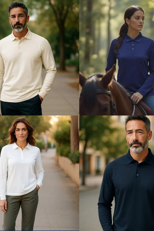 Four people wearing different colored shirts outdoors with trees in the background