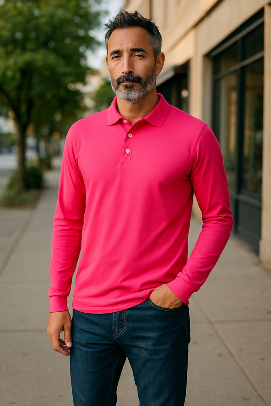 Man wearing pink long-sleeve polo shirt