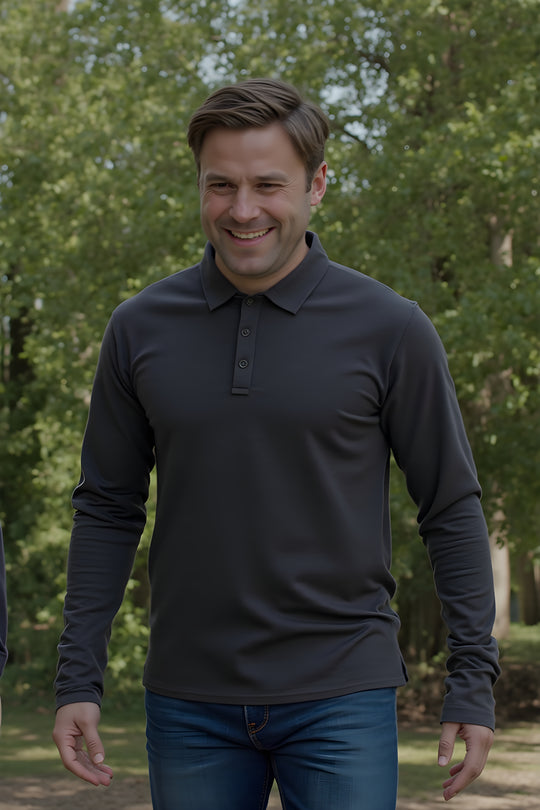 Long Sleeve Polo Shirt - Charcoal Grey - Unisex - The Merino Polo