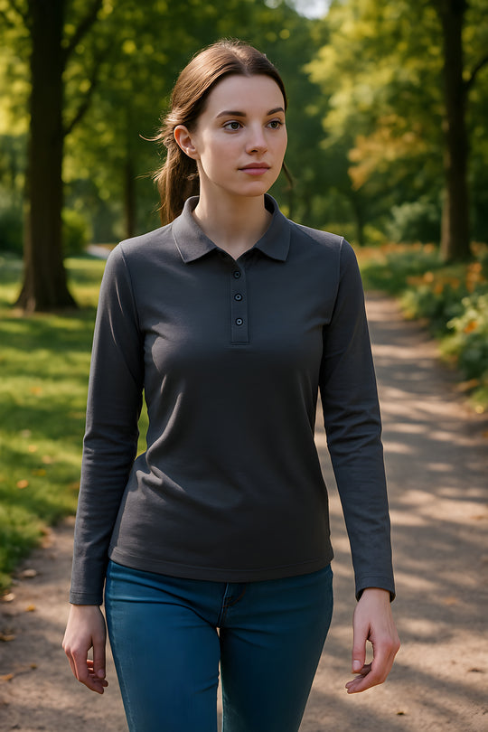 Long Sleeve Polo Shirt - Charcoal Grey - Unisex - The Merino Polo