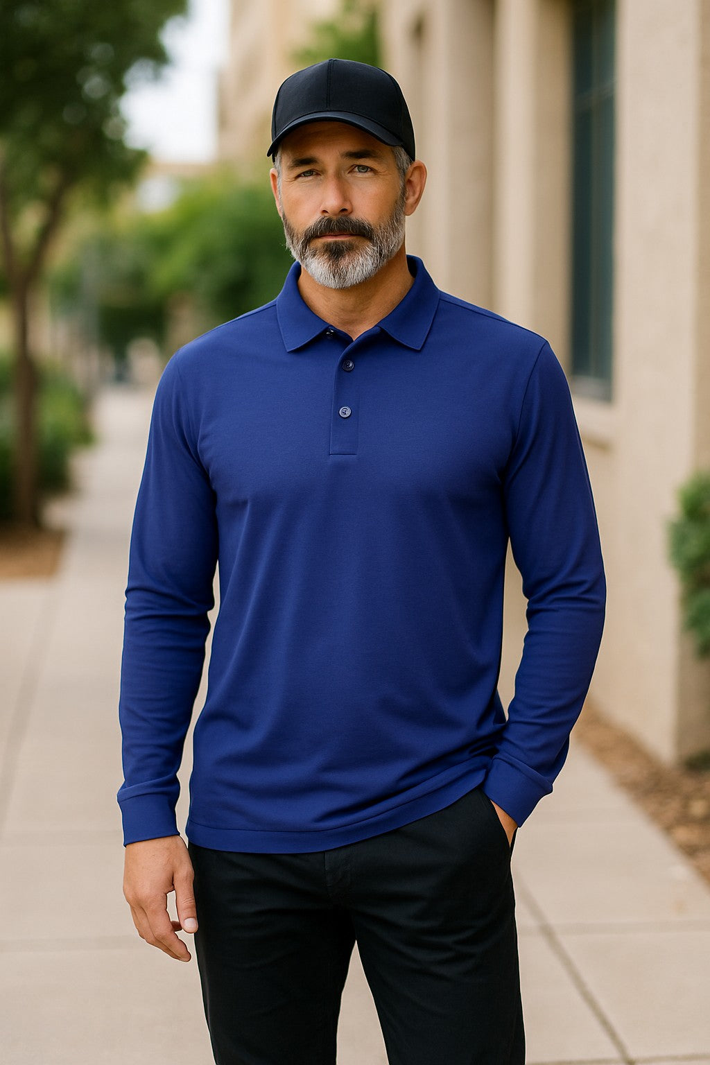 Man wearing a blue long-sleeve polo shirt