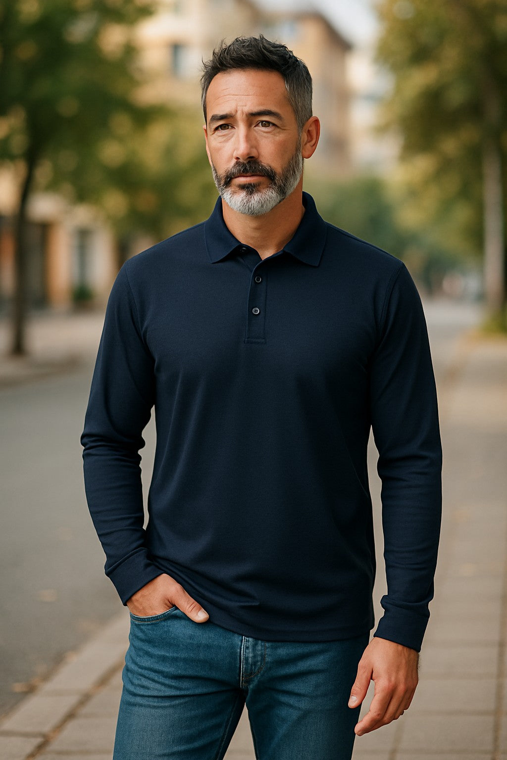 Man wearing a dark blue long-sleeve polo shirt
