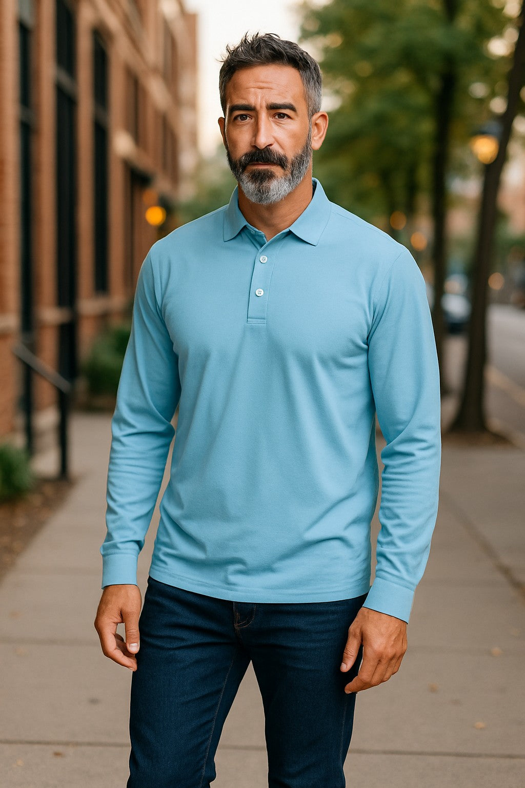 Man wearing a light blue long-sleeve polo shirt