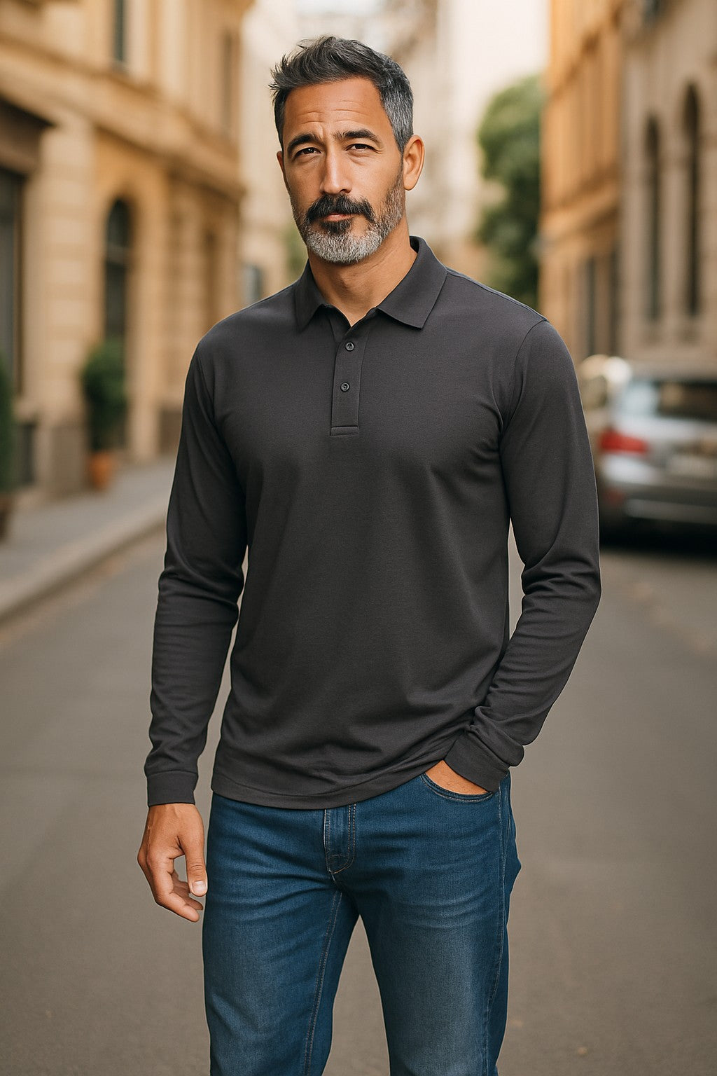 Man wearing a black long-sleeve polo shirt