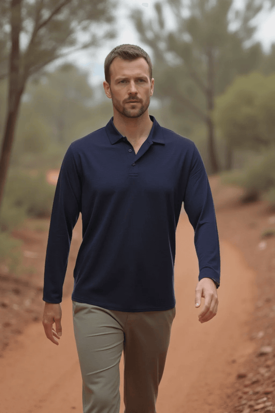 Long Sleeve Wool Polo Shirt in Outer Space Blue