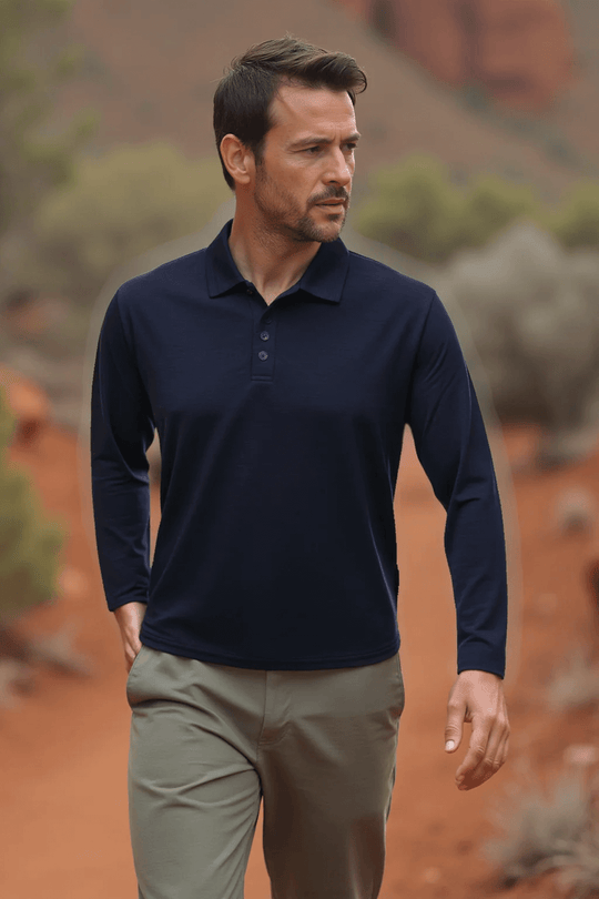 Long Sleeve Wool Polo Shirt in Outer Space Blue