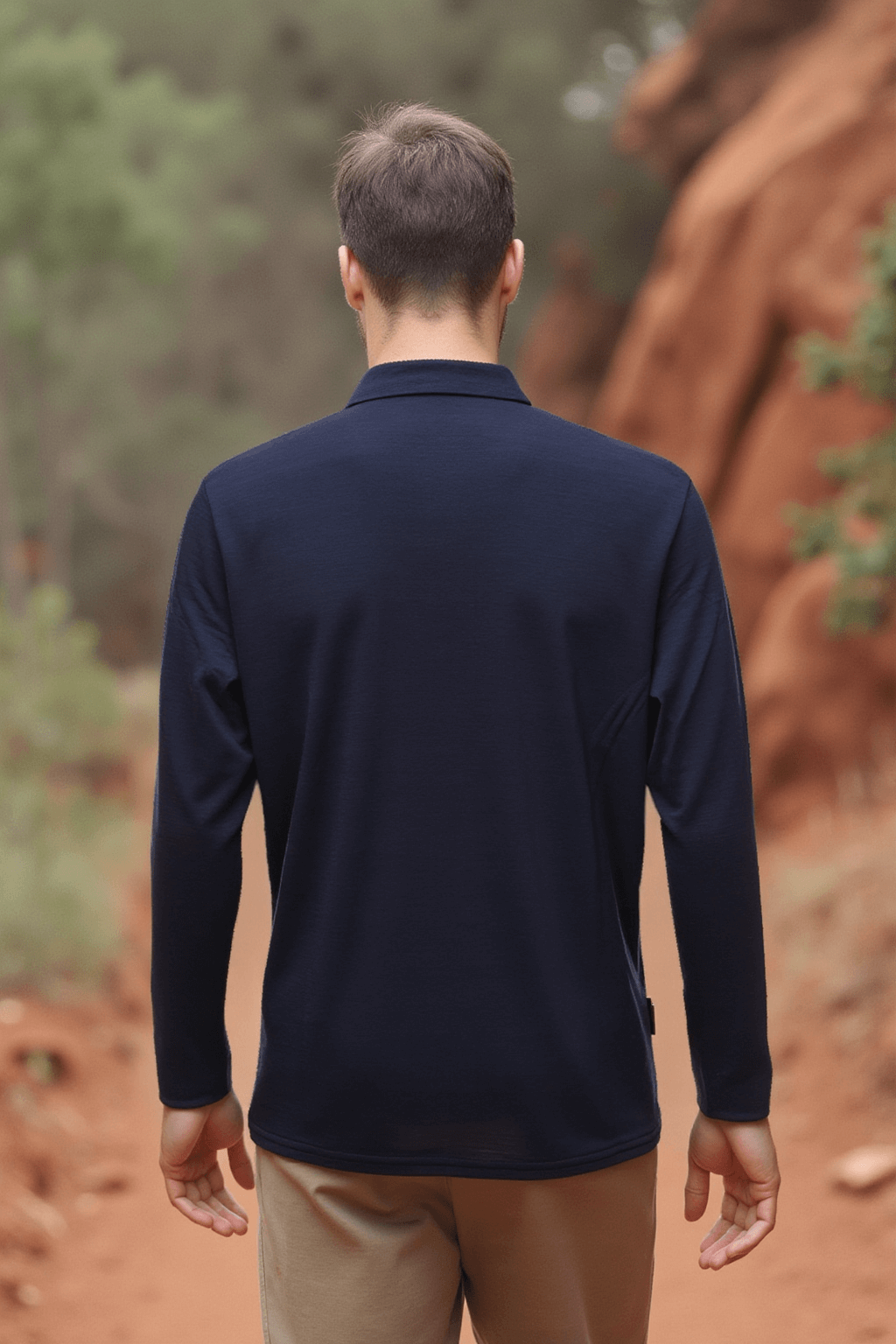 Long Sleeve Wool Polo Shirt in Outer Space Blue
