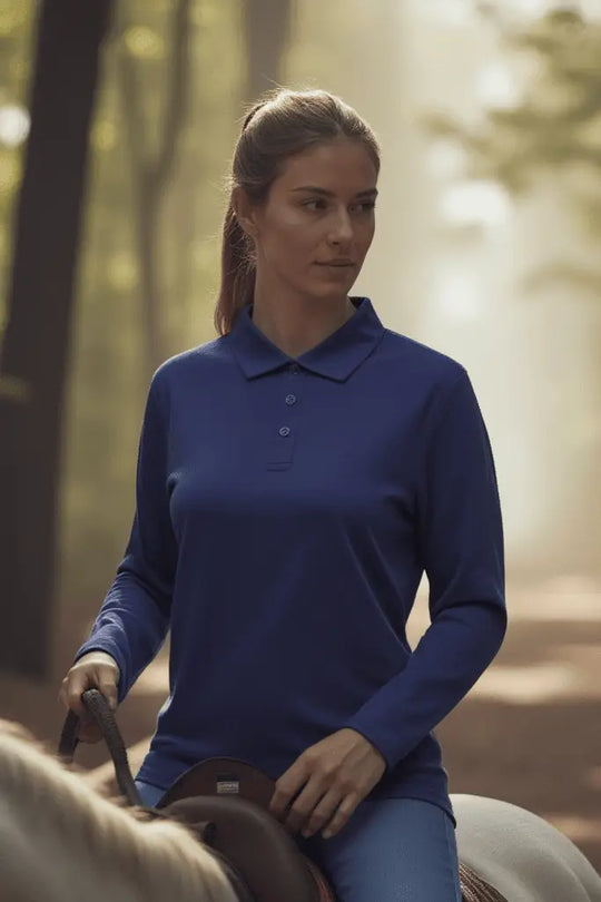 Long Sleeve Wool Polo Shirt in Outer Space Blue