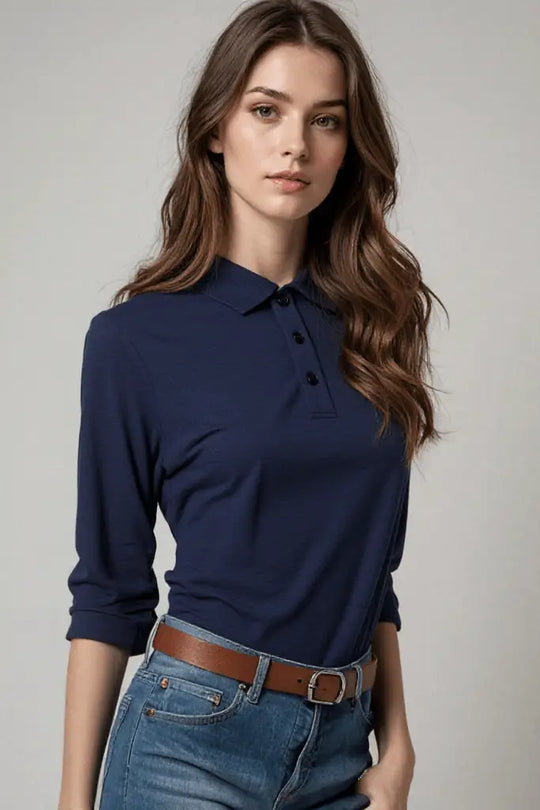 Women wearing long sleeve polo shirt