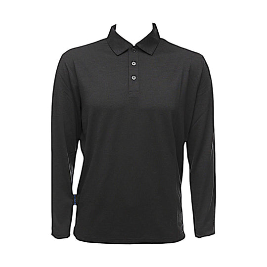 Black long-sleeve polo shirt on a white background