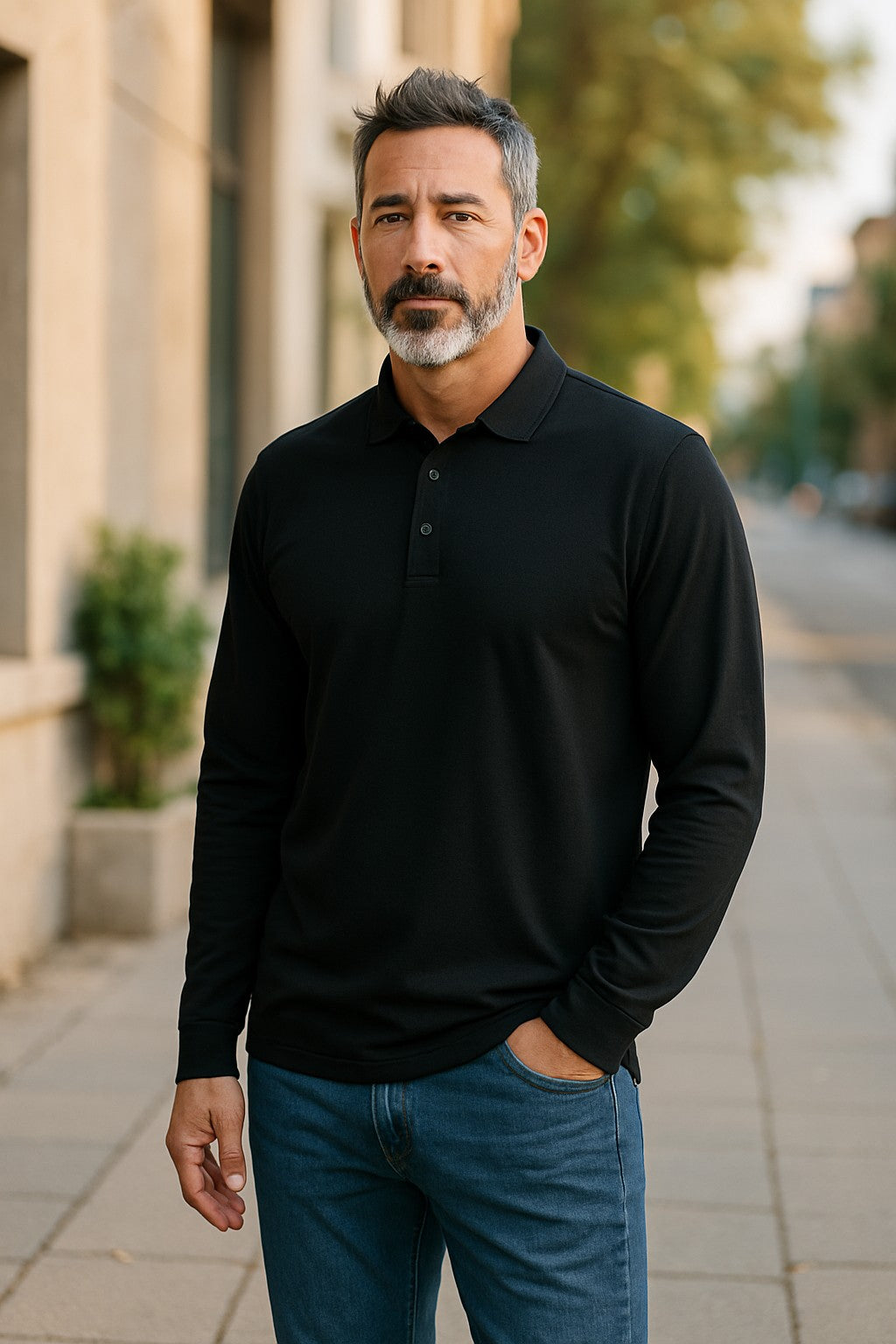 Long Sleeve Polo - Australian Merino - Unisex - Black - The Merino Polo