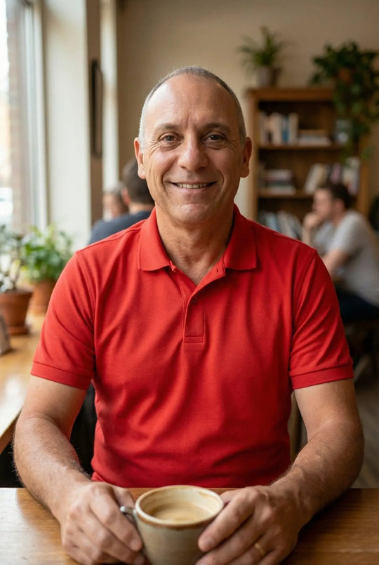 Man in a red shirt holding a coffee cup in a casual setting
