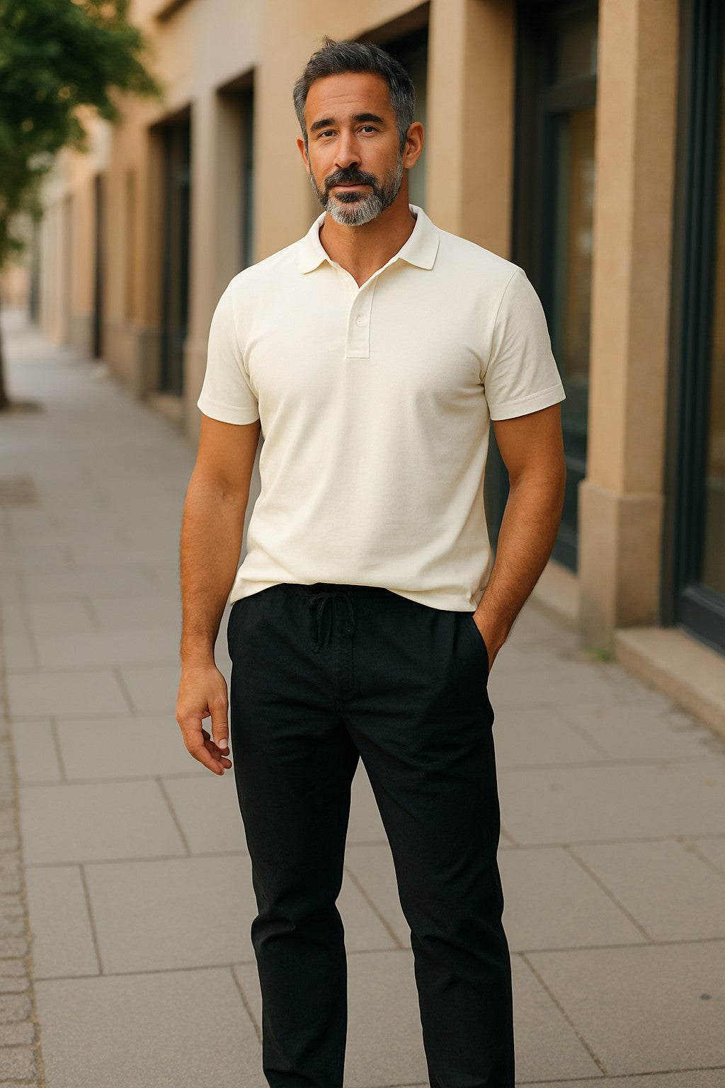Man wearing a merino white polo shirt and black pants standing on a sidewalk.