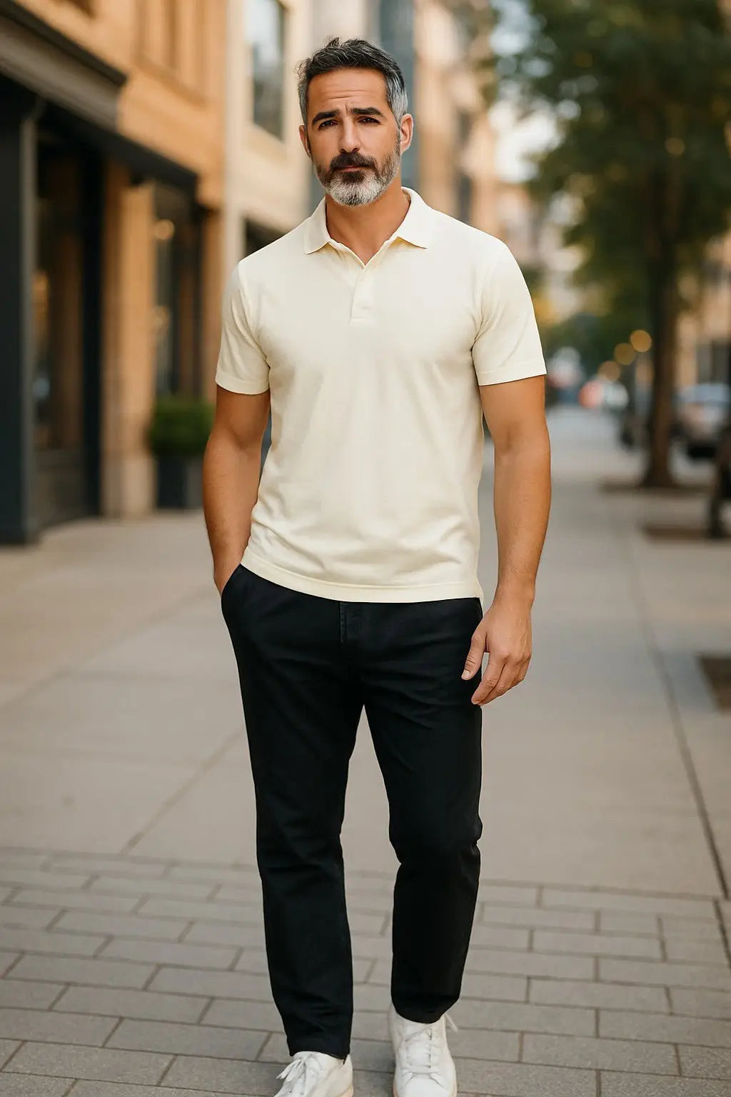 Man wearing a cream merino polo shirt and black pants walking on a city street.