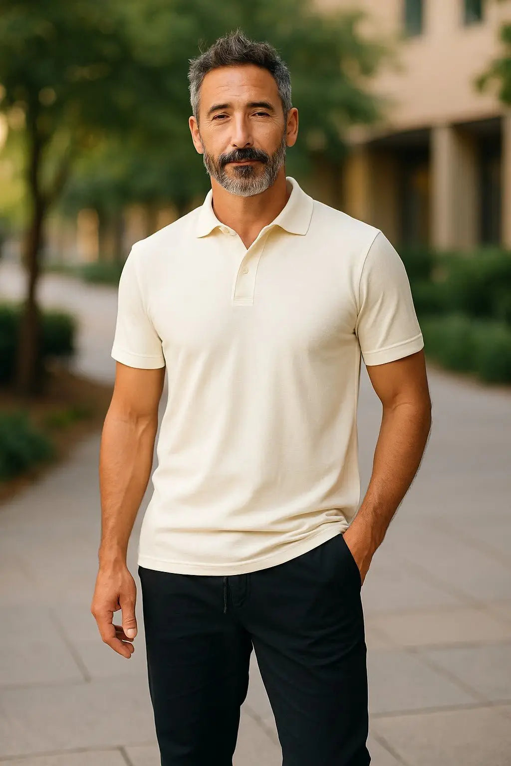 Man wearing a white merino polo shirt and black pants standing outdoors.