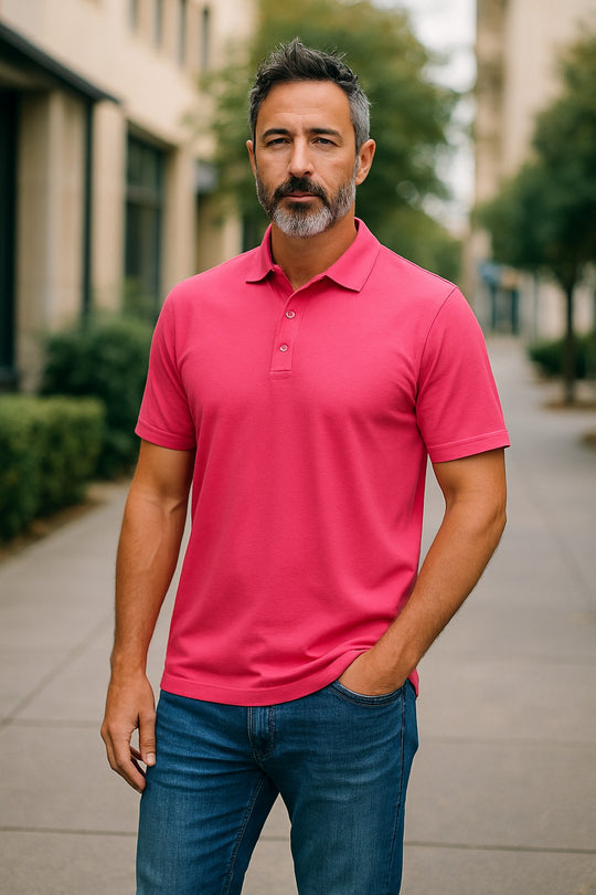Men's Short Sleeve Polo - Australian Merino Wool -Pink