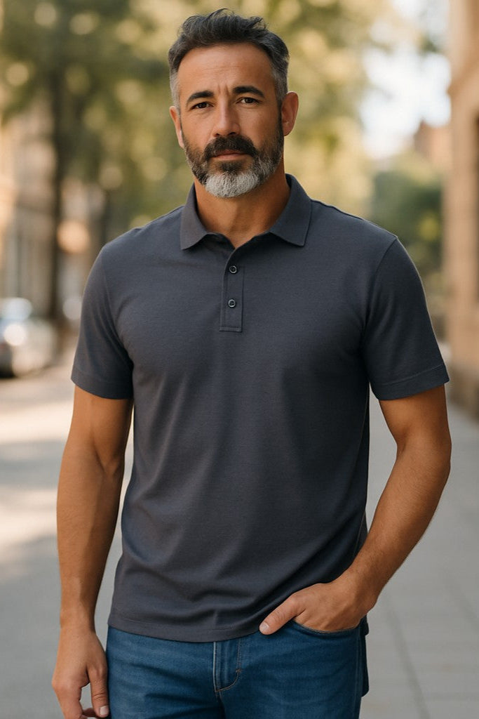 Men's Short Sleeve Polo - Australian Merino Wool - Charcoal Grey