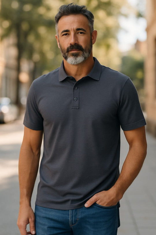 Men's Short Sleeve Polo - Australian Merino Wool - Charcoal Grey
