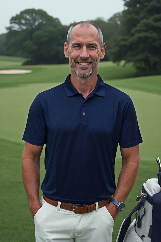 Man in a blue polo shirt standing on a golf course