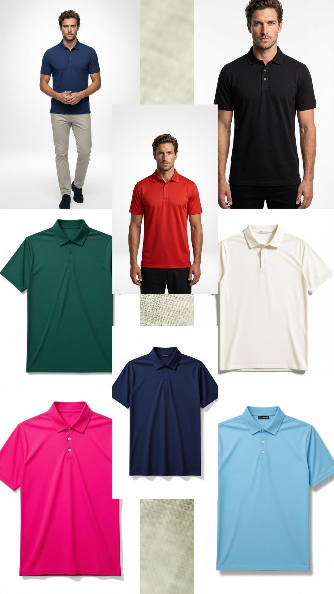 Collage of men wearing various polo shirts in different colors with a white background.
