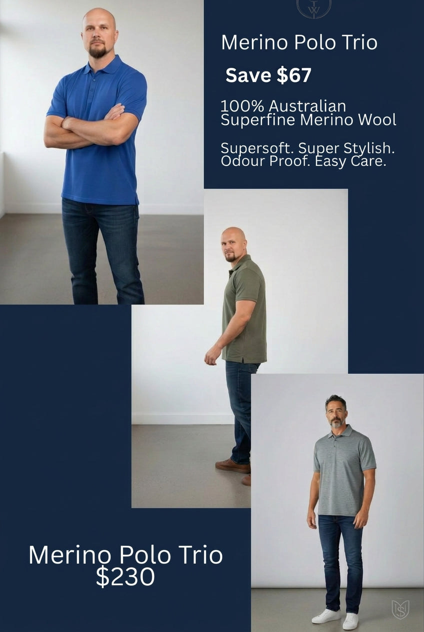 Three men's 100% merino wool polo shirts in a trio bundle