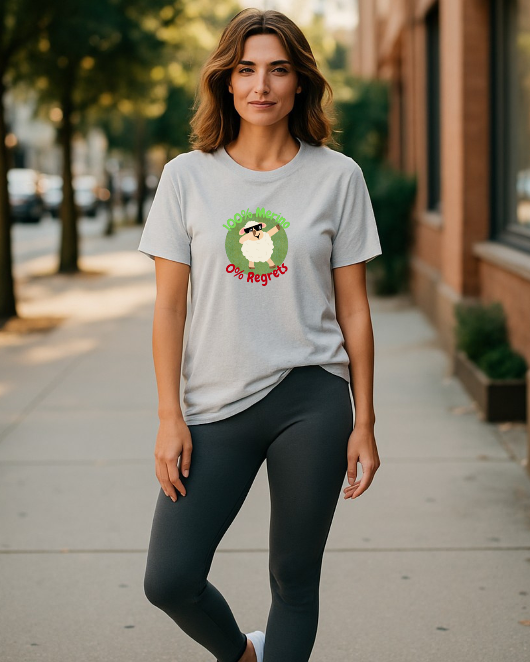 Woman wearing a light gray t-shirt with a graphic design on a sidewalk.