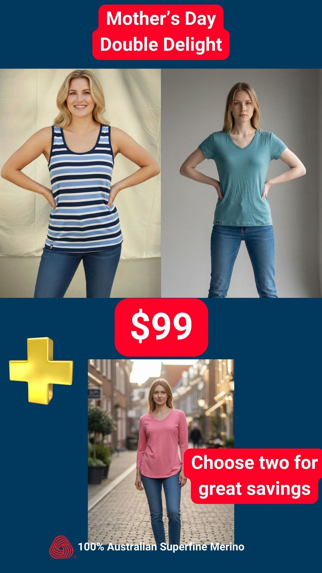 Promotional graphic for Mother's Day with three women wearing different colored shirts and a discount offer.