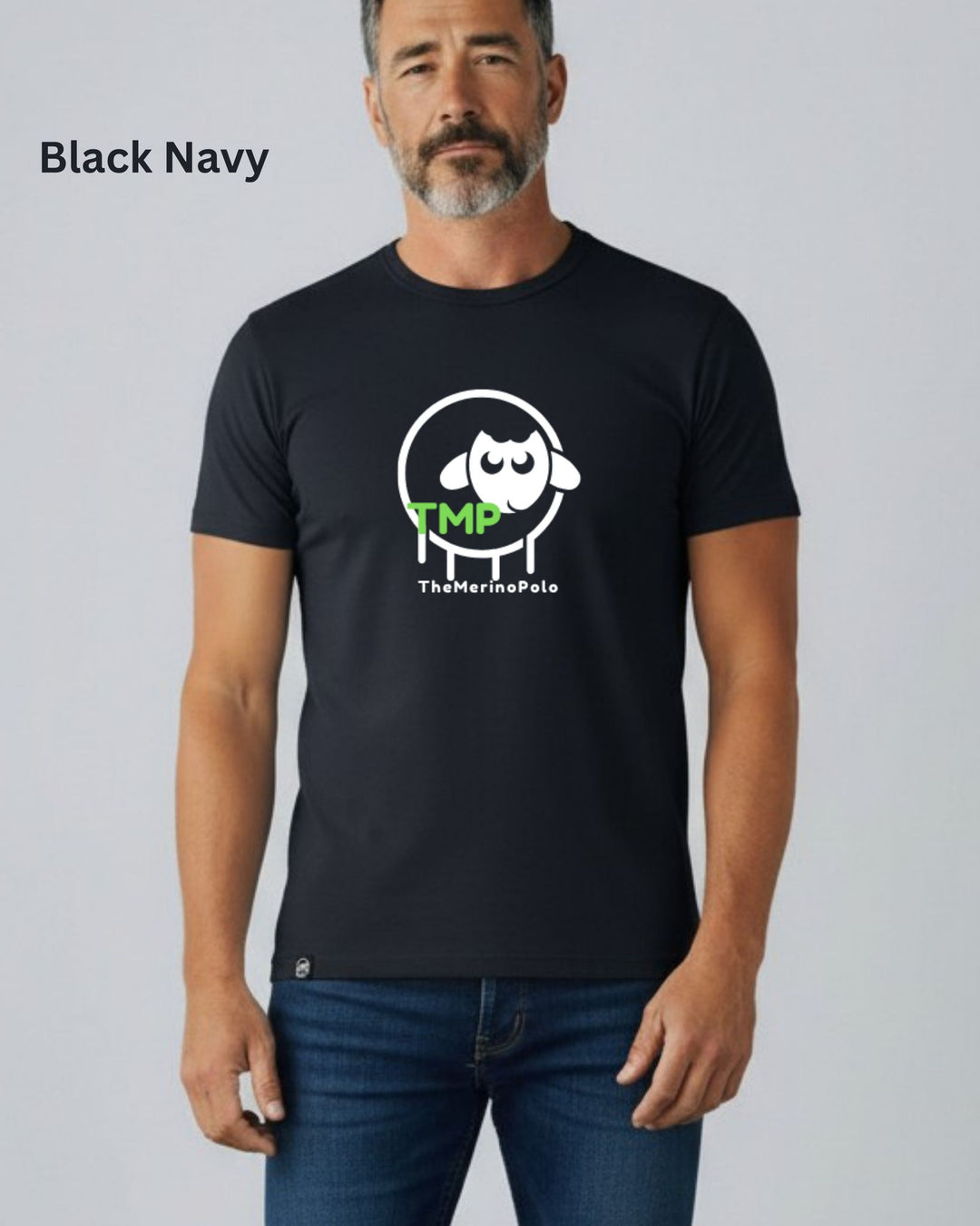 A man wearing a black short-sleeve t-shirt with a white sheep logo and green 'TNP' text, paired with blue jeans, against a light gray background. The text 'Black Navy' is visible in the top left corner.