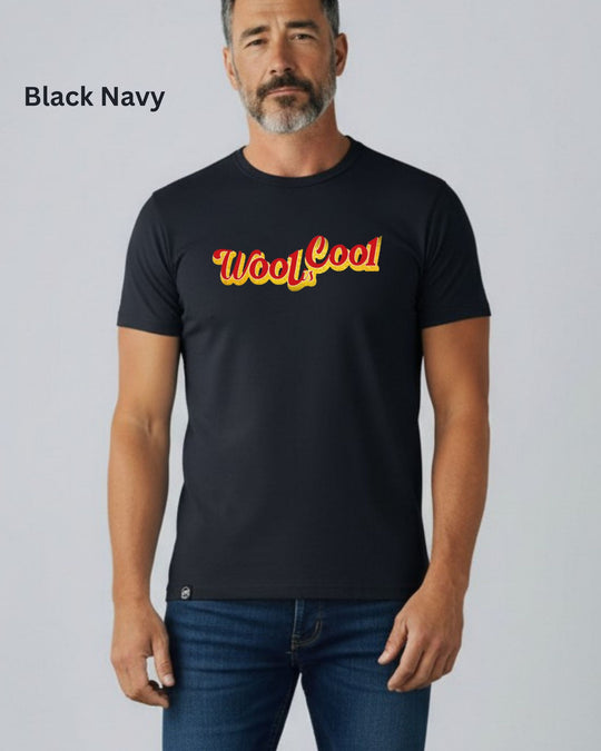 A man wearing a black short-sleeve t-shirt with a retro-style &