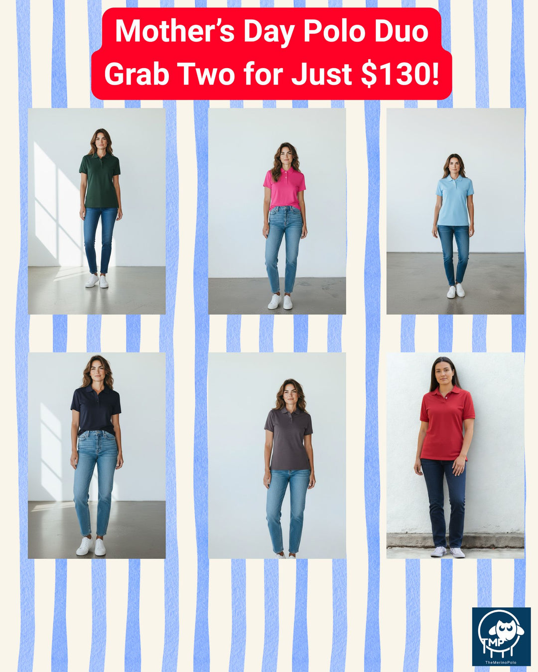 Promotional image of women wearing different colored polos with a Mother's Day offer text overlay.