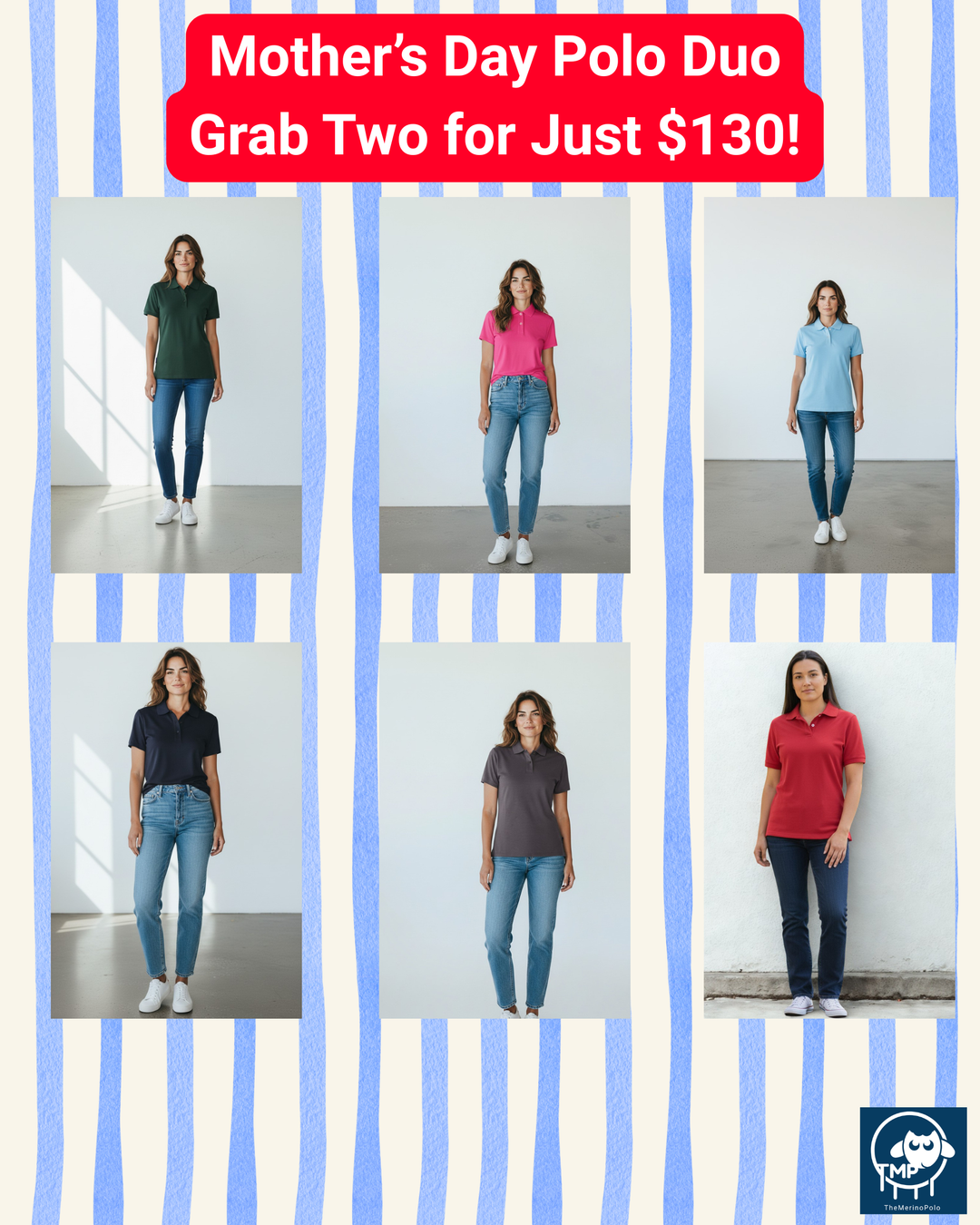 Promotional image of women wearing different colored polos with a Mother's Day offer text overlay.