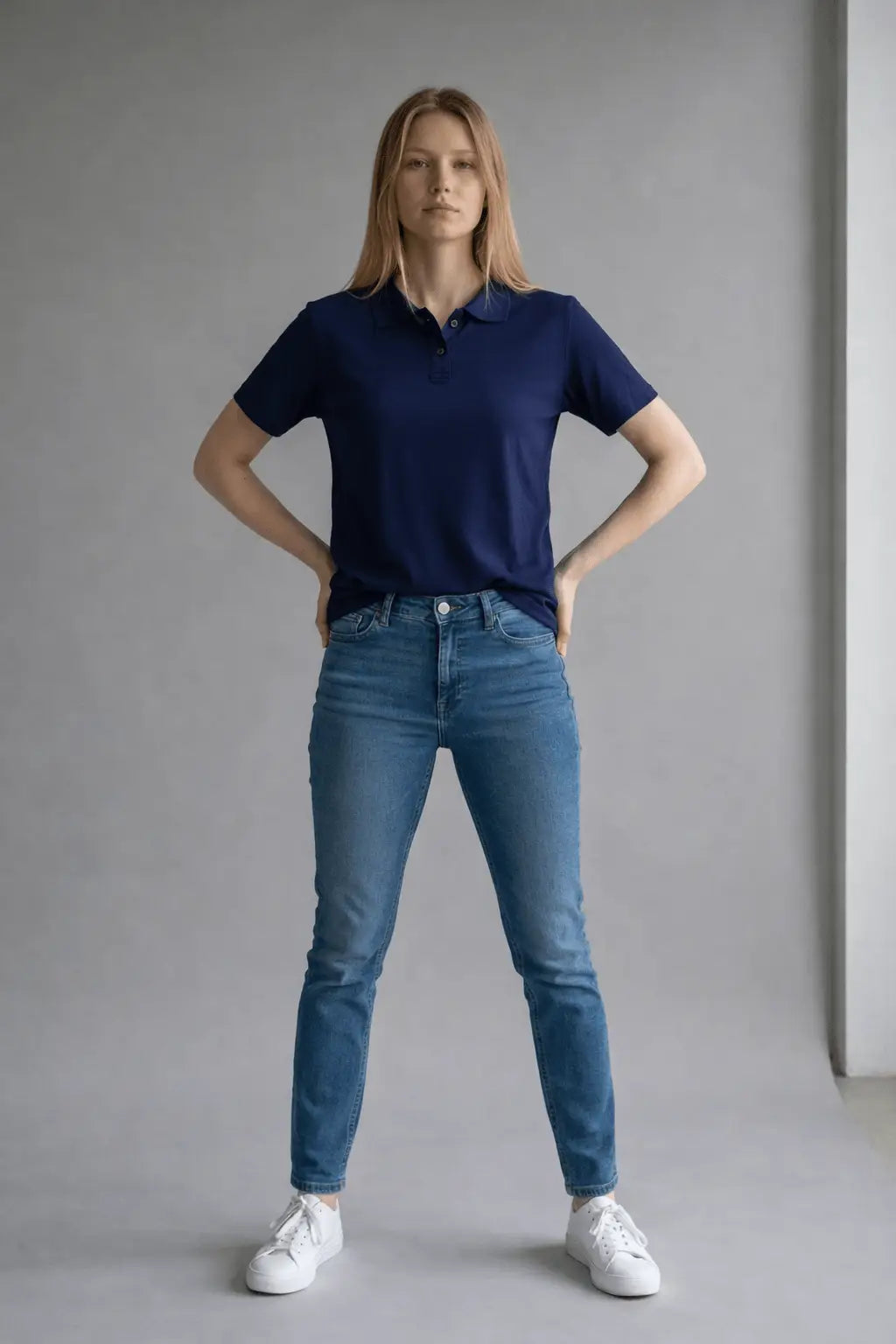 Woman wearing a navy polo shirt and blue jeans standing against a plain background