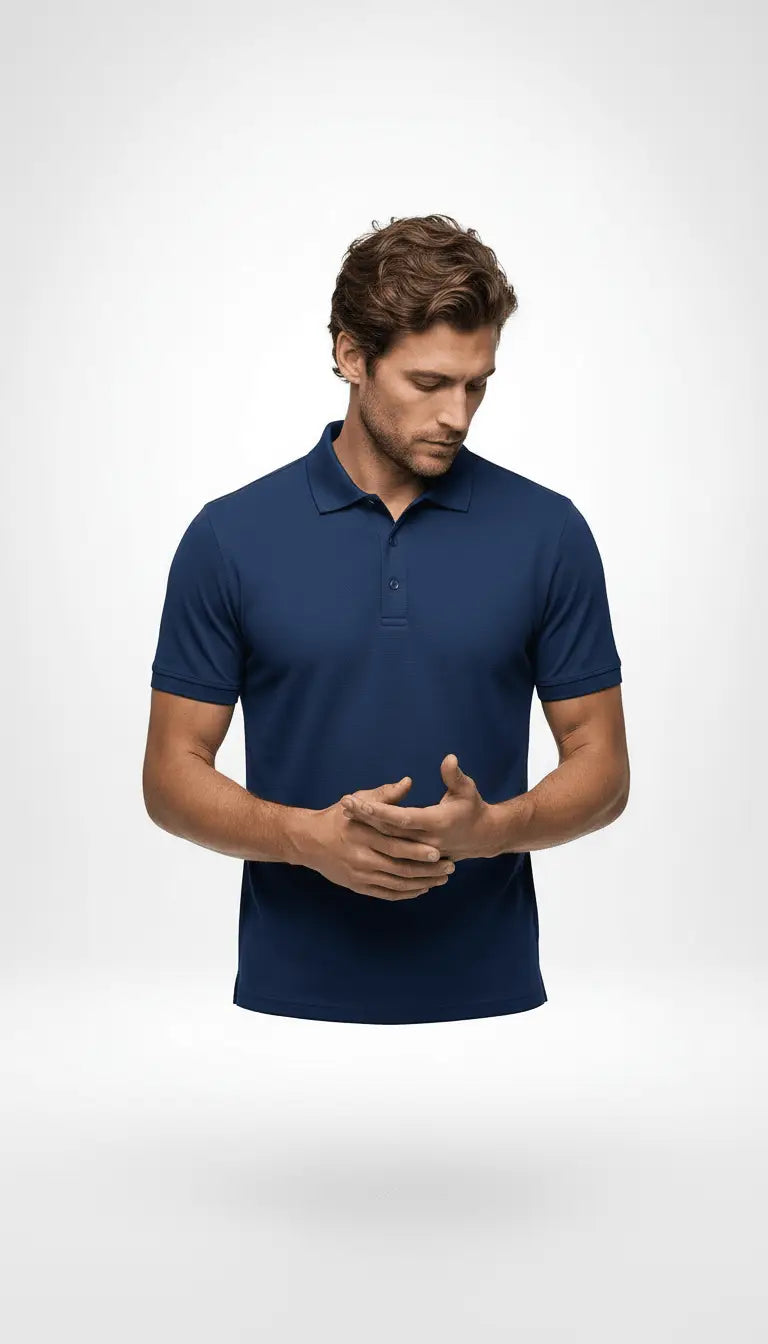 Man in blue polo shirt