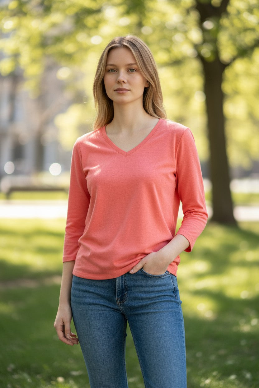 Lady's V-Neck Merino T-shirts 3/4 Sleeve