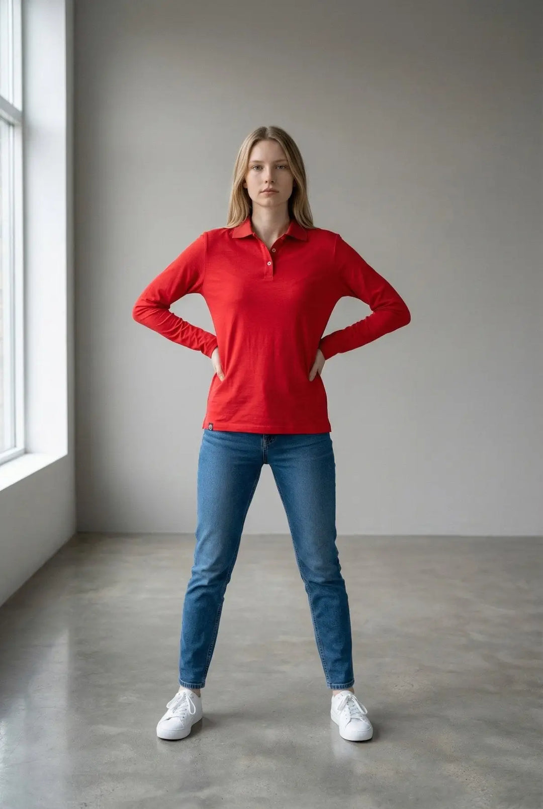 Woman wearing a red polo shirt and blue jeans standing in a room with a window.