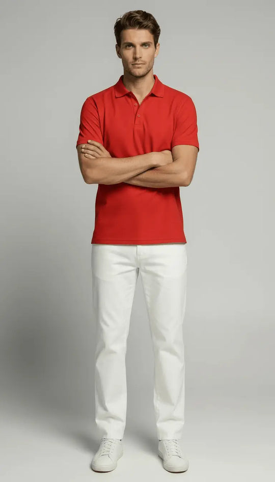 Man wearing a red polo shirt and white pants against a gray background