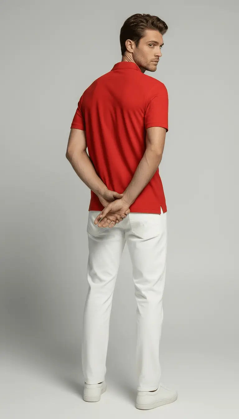 Man wearing a red polo shirt and white pants on a gray background