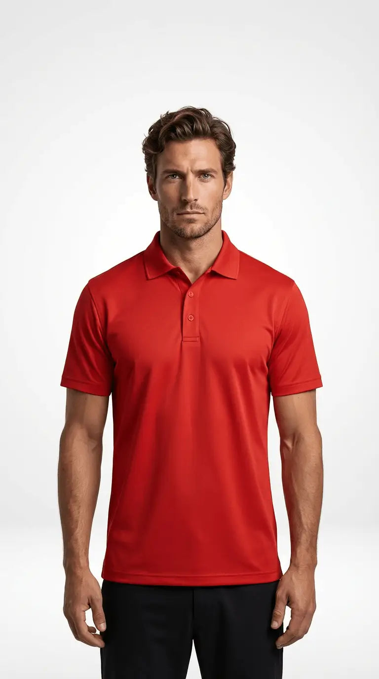 Man wearing a red polo shirt on a white background