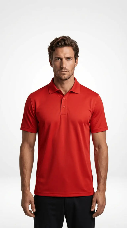 Man wearing a red polo shirt on a white background