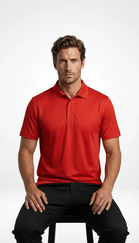 Man wearing a red polo shirt against a white background