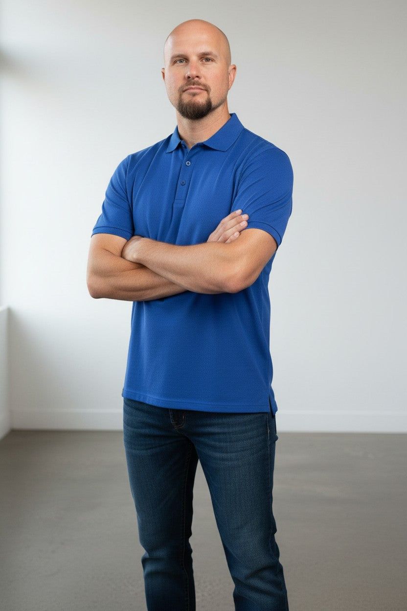 Man in merino wool polo shirt