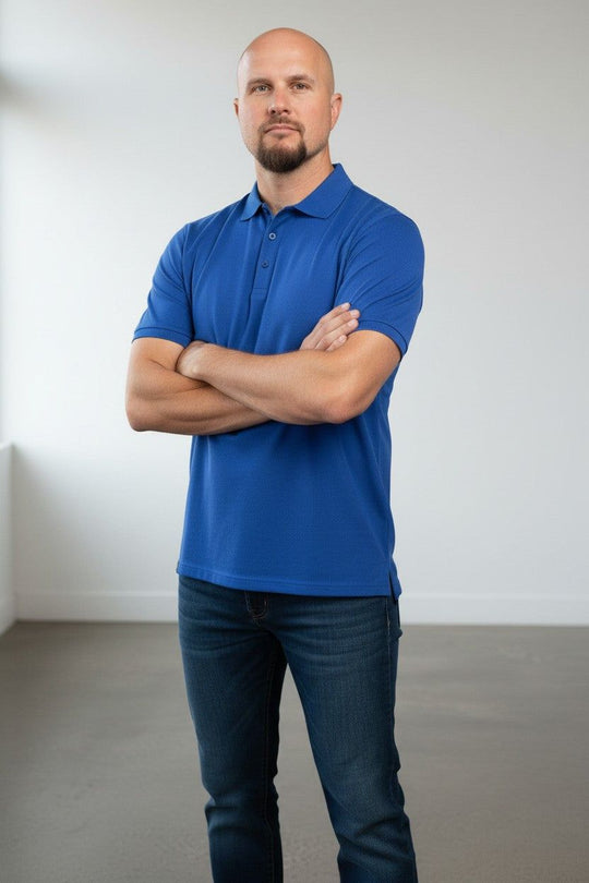Man in merino wool polo shirt