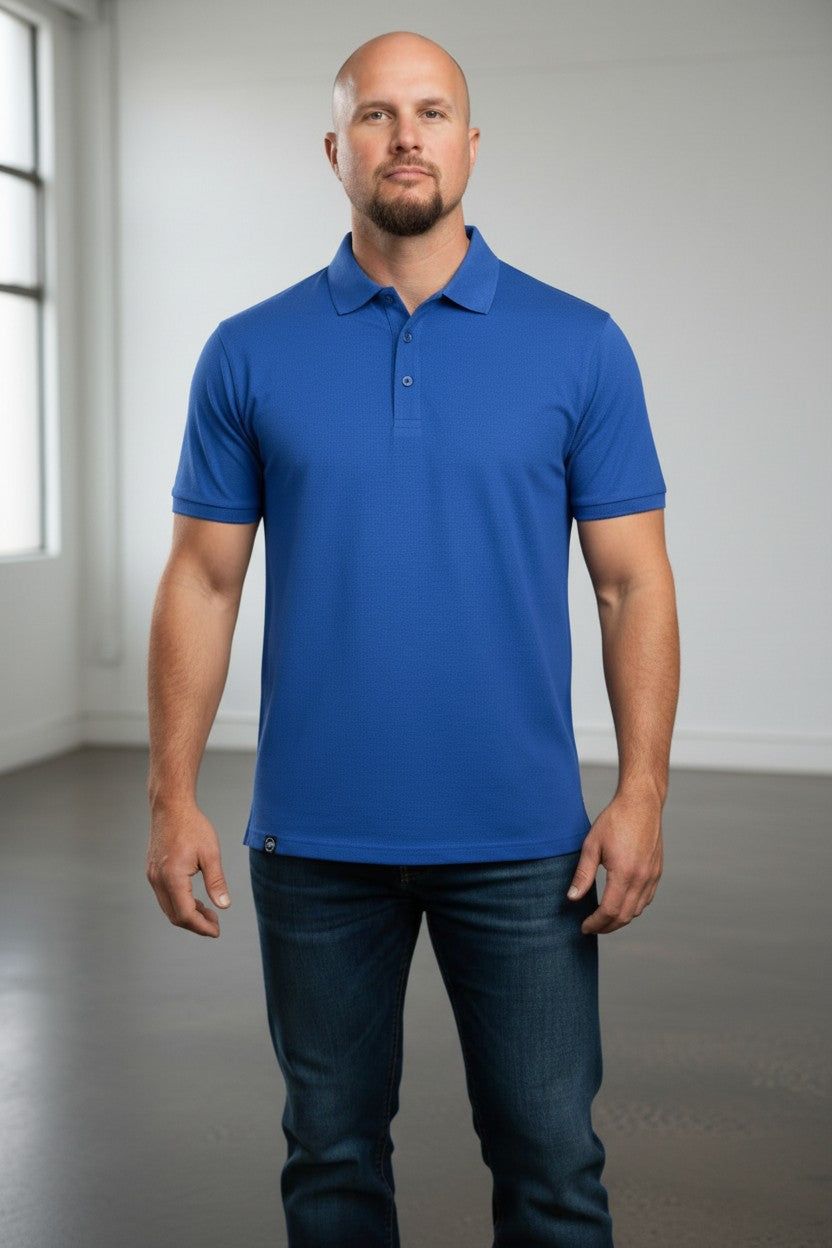 Man in merino wool polo shirt