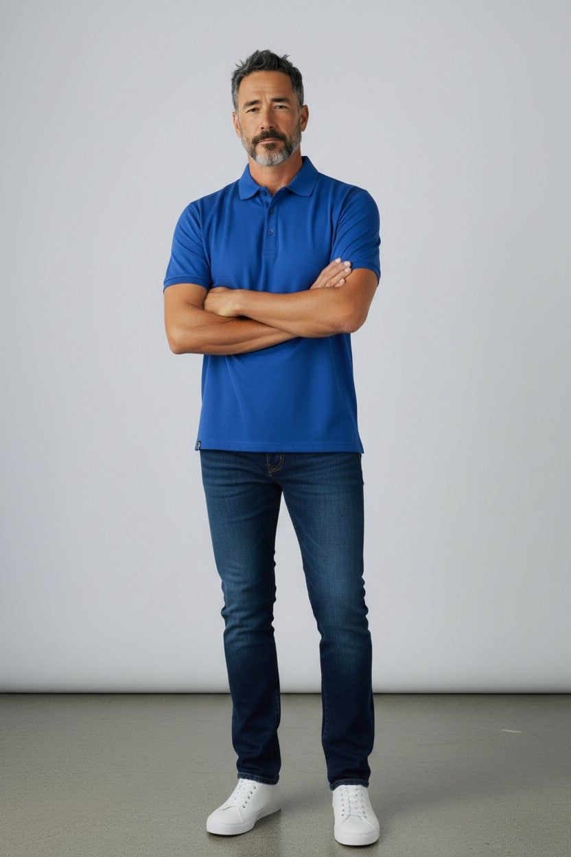 Man in merino wool polo shirt