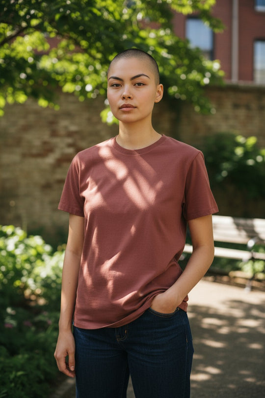 Person wearing a maroon t-shirt standing outdoors with greenery and a building in the background