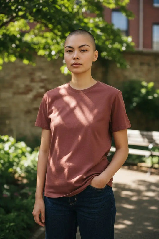 Person wearing a maroon t-shirt standing outdoors with greenery and a building in the background