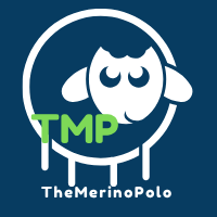 TheMerinoPolo logo featuring a white sheep silhouette inside a circle with green 'TMP' text and the brand name 'TheMerinoPolo' below on a dark blue background.