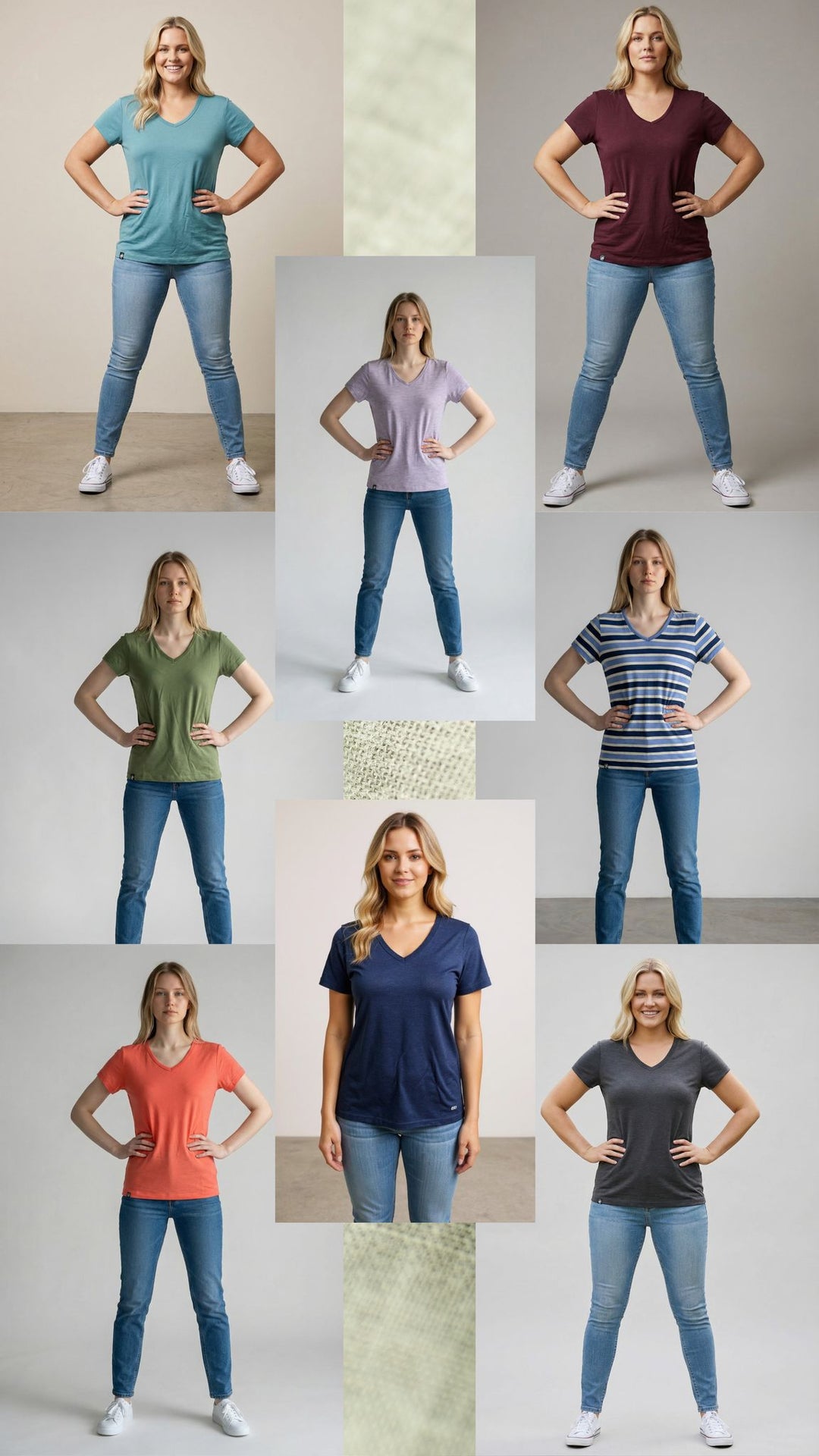 Collage of a woman wearing different colored t-shirts with blue jeans on a plain background.