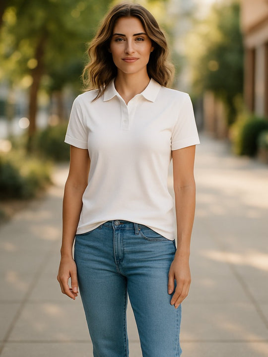 Woman wearing a white merino polo shirt and blue jeans standing on a sidewalk with blurred greenery in the background