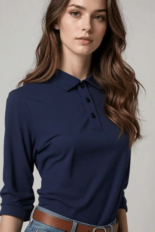 Long Sleeve Polo Shirt - Navy (Peony)Blue - Unisex - The Merino Polo
